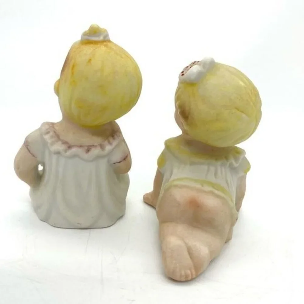 Vintage Porcelain Bisque Piano Baby Dolls Figurine Set Of 2